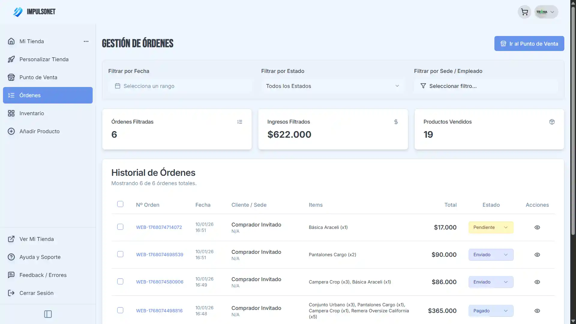 Panel de control de ImpulsoNET mostrando órdenes